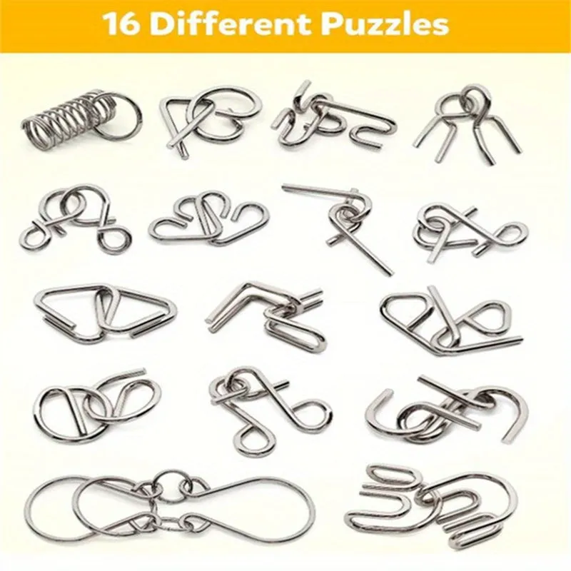 16Piece Metal Wire Puzzle Set Challenging Brain Teaser Game