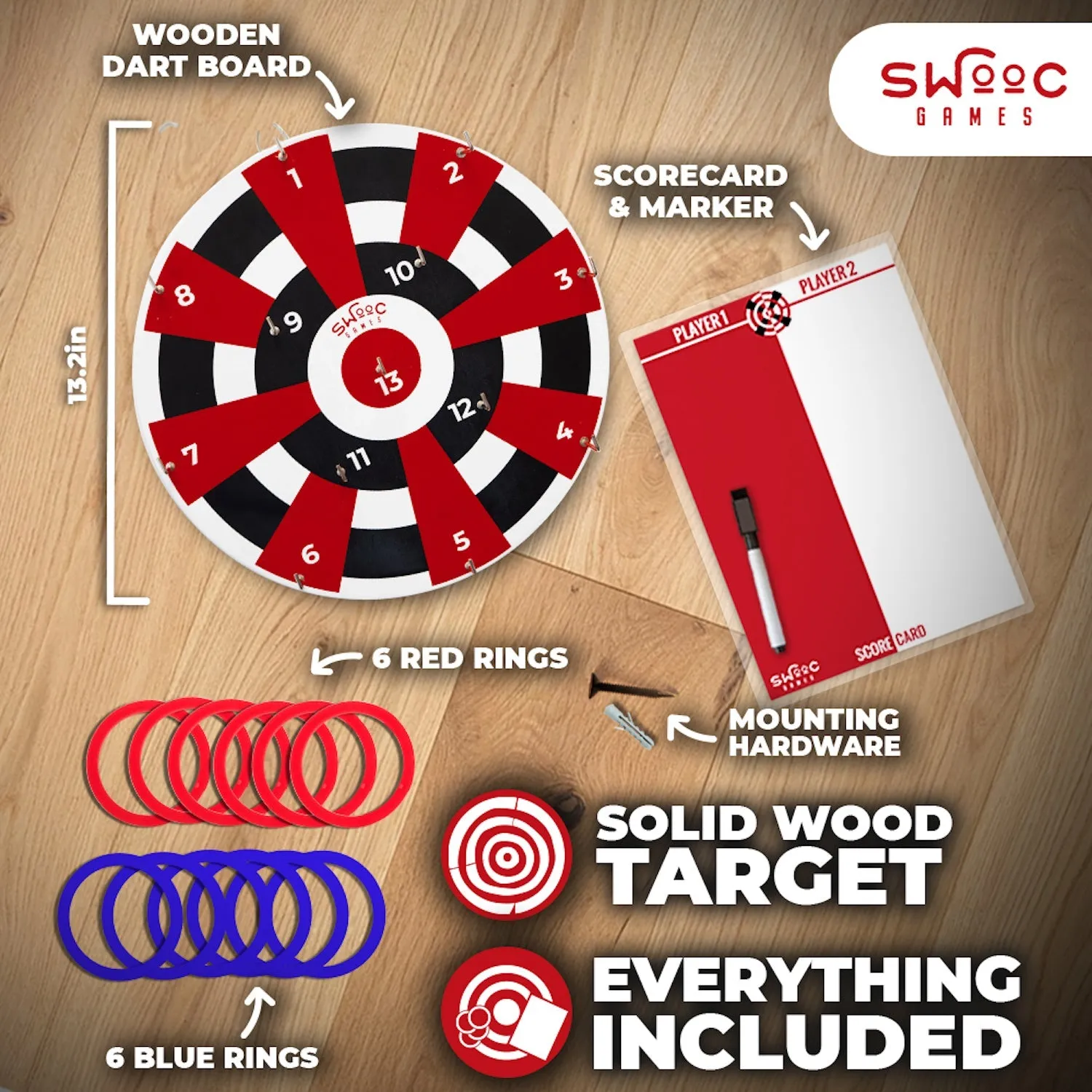 Hook Darts Ring Toss Game ‒ Wood Board and Soft Rings