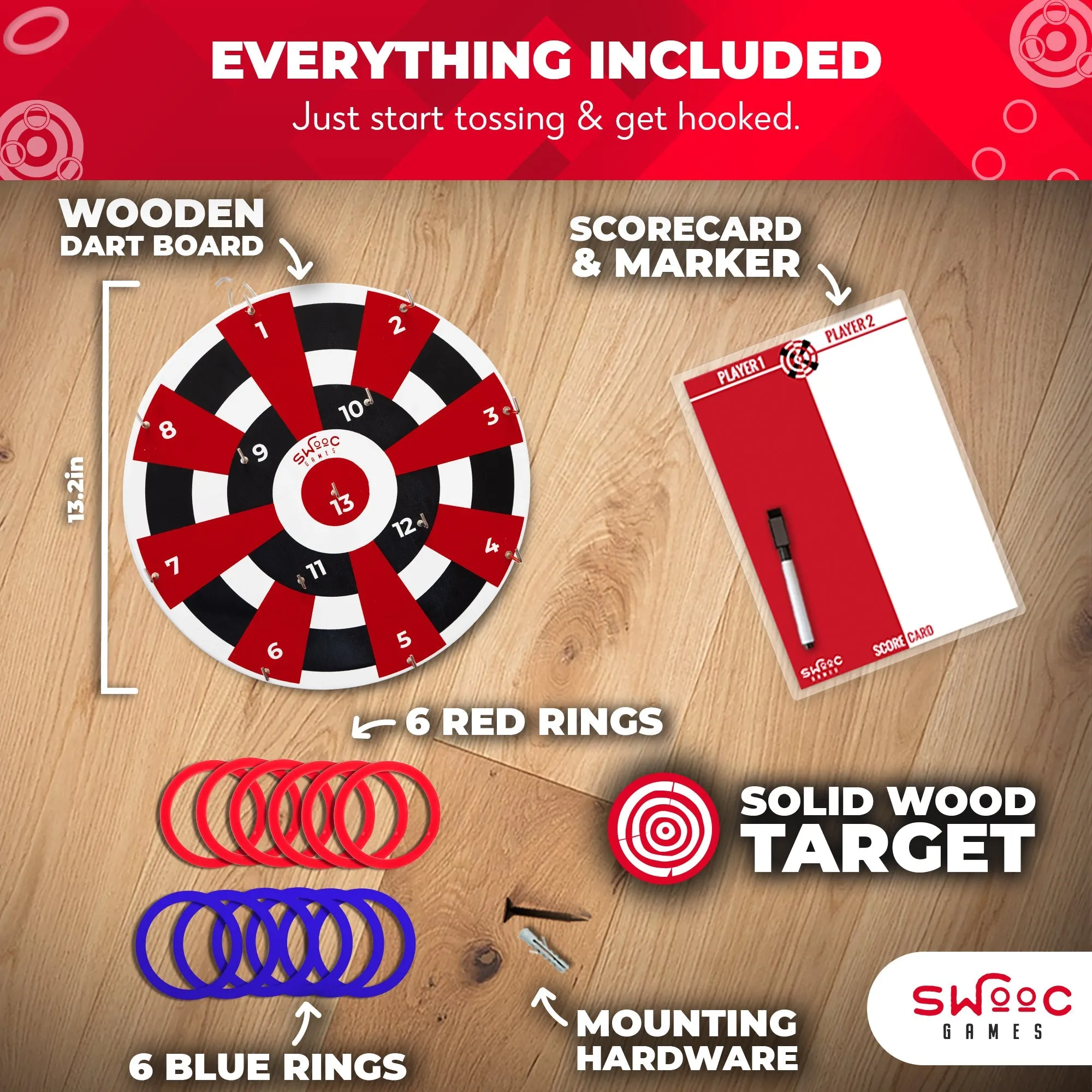 Hook Darts Ring Toss Game ‒ Wood Board and Soft Rings