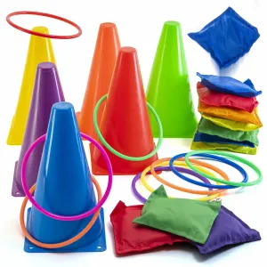 Multicolored 3-In-1 Yard Game Set - Ring Toss Game, Bean Bags, Cones - Outdoor