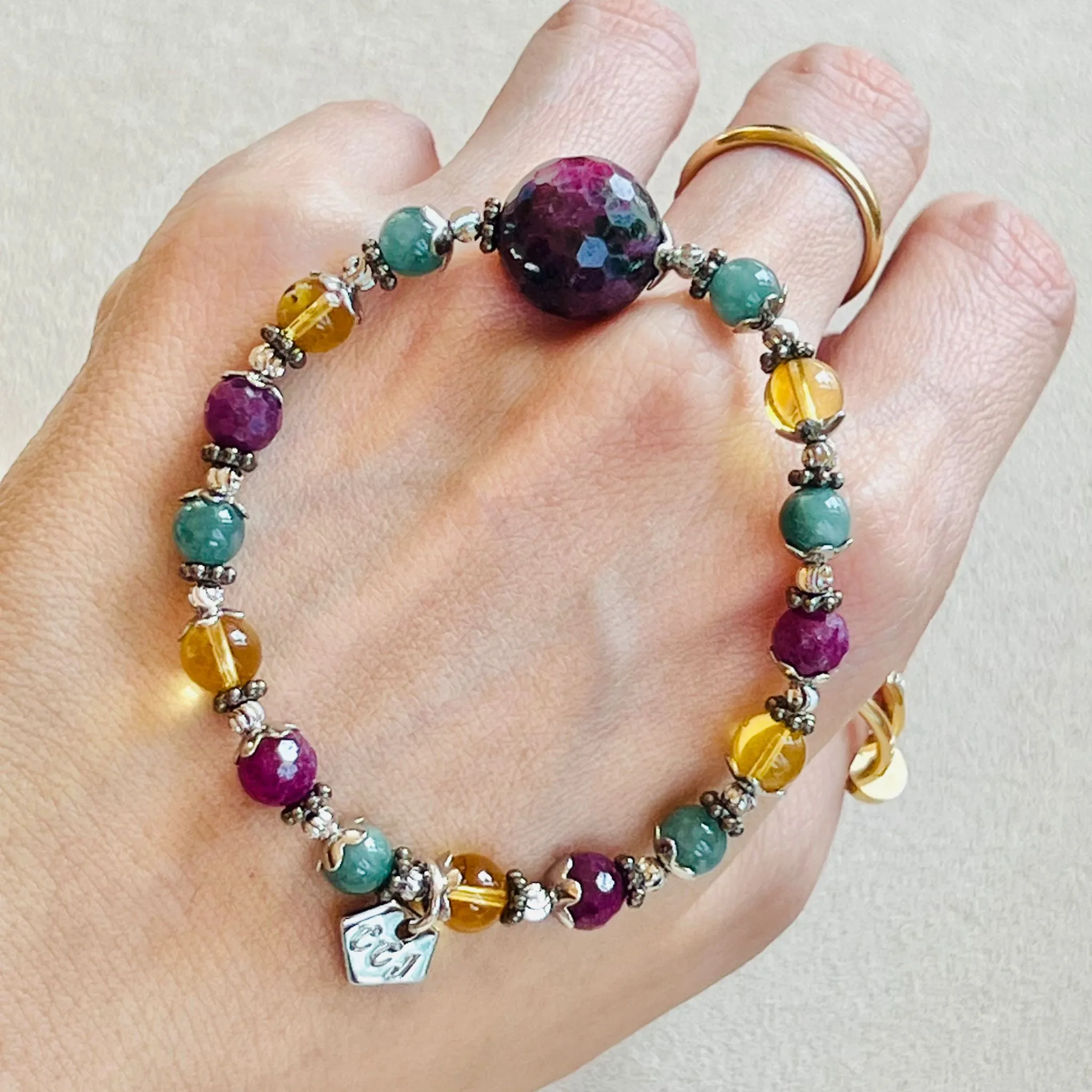 Ruby, Blue Amber & Blue Jade Babies Crown Bracelet