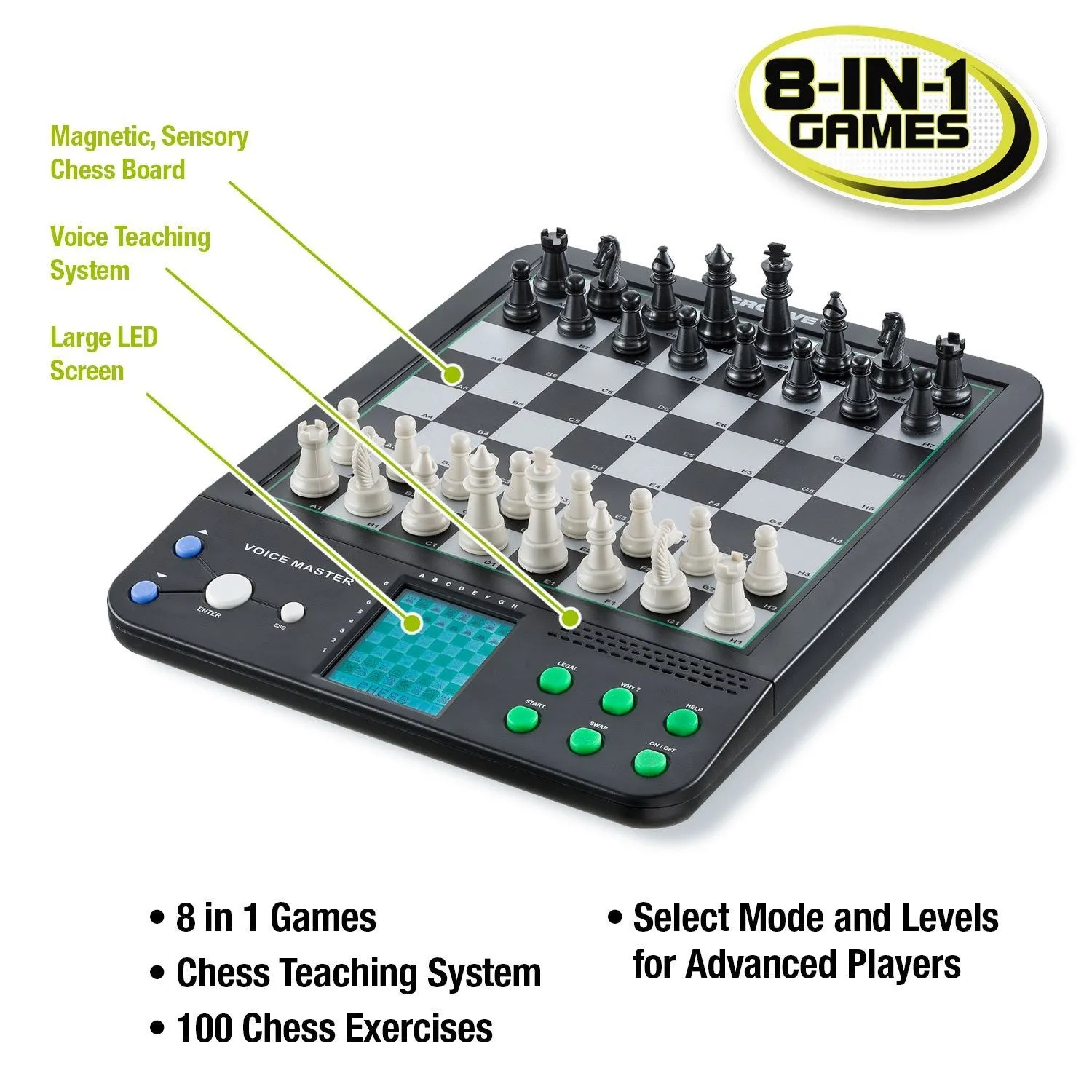 Voice Master Electronic Chess and Checkers Set with 8-In-1 Board Games